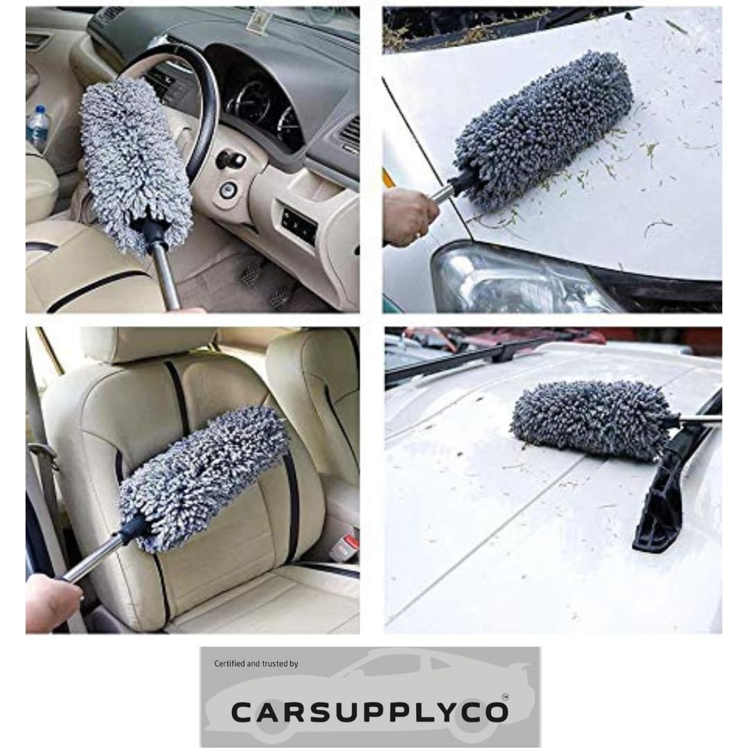CARSUPPLYCO Microfiber Car Duster with Extendable Handle | Super Soft Chenille Dry Cleaning Brush for Exterior & Interior | Lint-Free & Scratch-Free | 600 GSM Microfibre Cloth Included with Duster