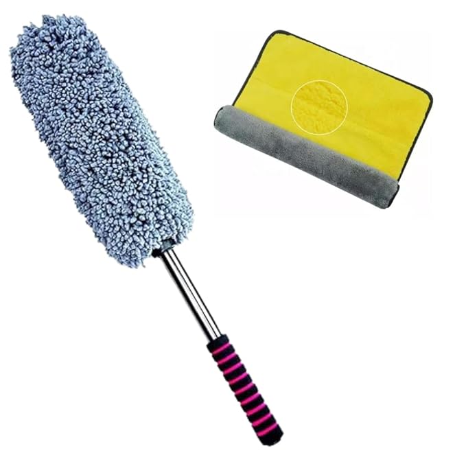 CARSUPPLYCO Microfiber Car Duster with Extendable Handle | Super Soft Chenille Dry Cleaning Brush for Exterior & Interior | Lint-Free & Scratch-Free | 600 GSM Microfibre Cloth Included with Duster