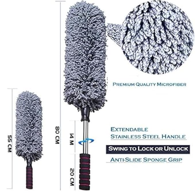 CARSUPPLYCO Microfiber Car Duster with Extendable Handle | Super Soft Chenille Dry Cleaning Brush for Exterior & Interior | Lint-Free & Scratch-Free | 600 GSM Microfibre Cloth Included with Duster