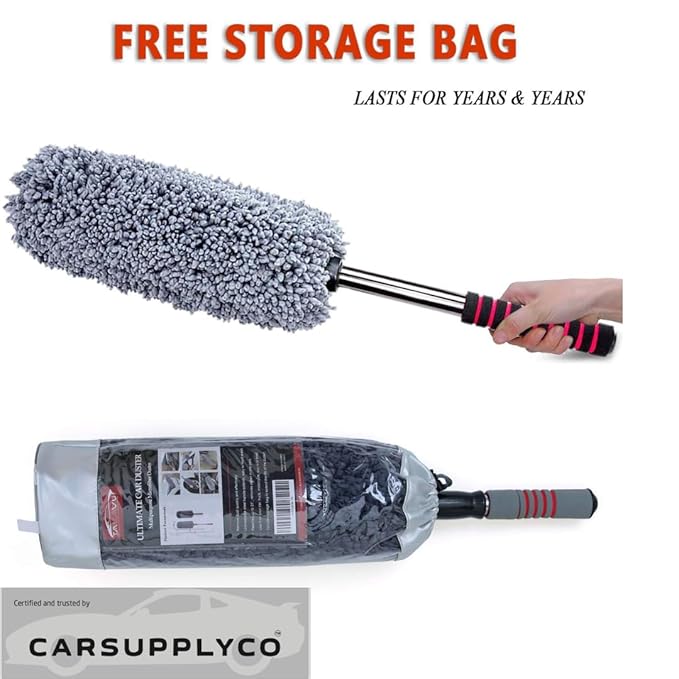 CARSUPPLYCO Microfiber Car Duster with Extendable Handle | Super Soft Chenille Dry Cleaning Brush for Exterior & Interior | Lint-Free & Scratch-Free | 600 GSM Microfibre Cloth Included with Duster