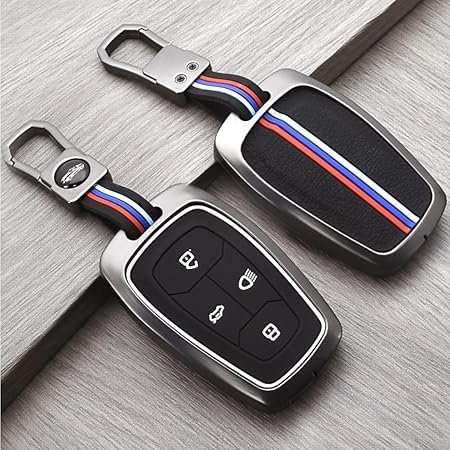 CARSUPPLYCO Metal Silicone Key Cover Compatible with Tata Nexon, Harrier, Safari, Altroz, Tigor, Tiago EV, Punch – 4 Button Smart Key – Black | Bonus Premium Car Freshener Included