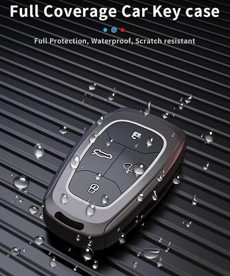 CARSUPPLYCO Metal Silicone Key Cover Compatible with Tata Nexon, Harrier, Safari, Altroz, Tigor, Tiago EV, Punch – 4 Button Smart Key – Black | Bonus Premium Car Freshener Included