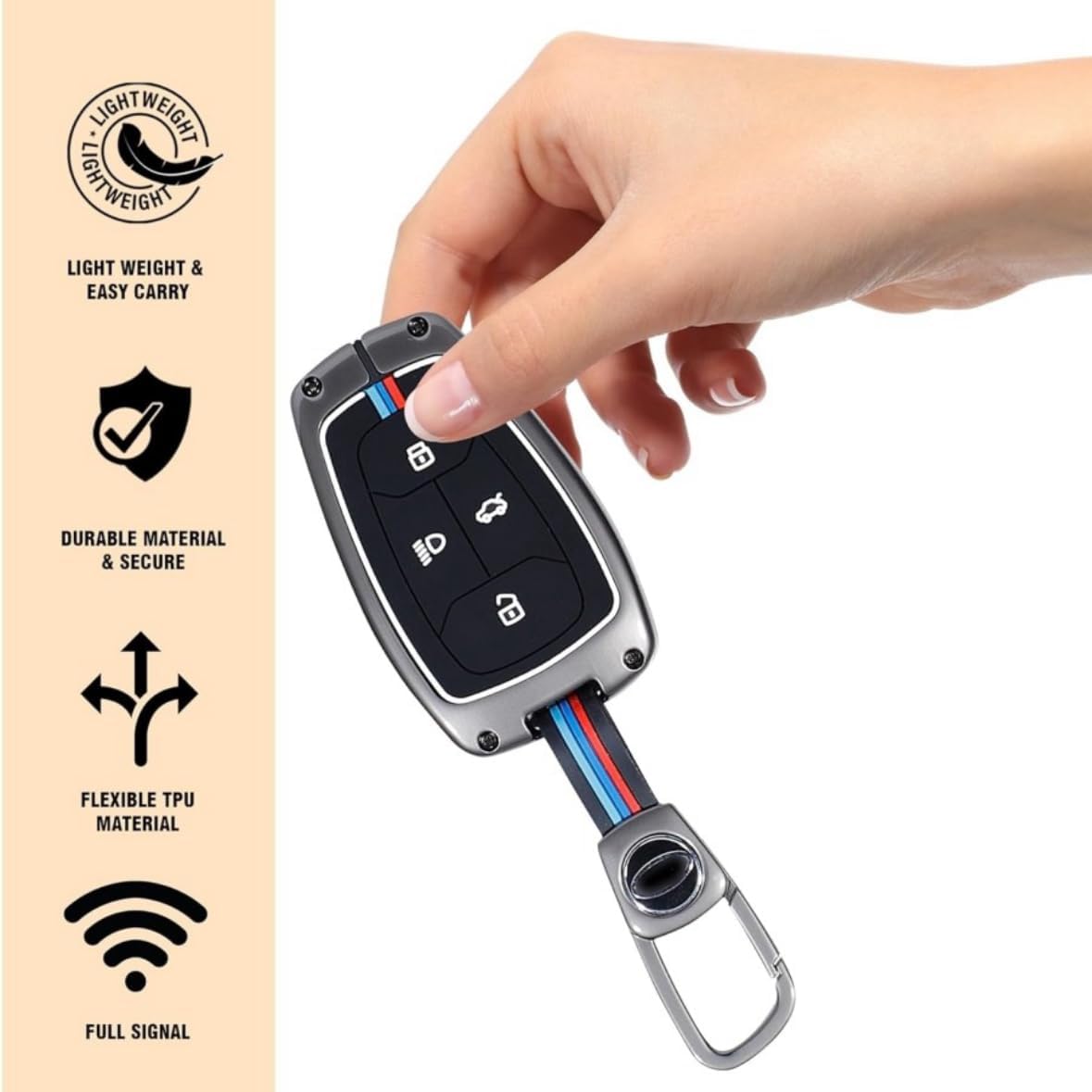 CARSUPPLYCO Metal Silicone Key Cover Compatible with Tata Nexon, Harrier, Safari, Altroz, Tigor, Tiago EV, Punch – 4 Button Smart Key – Black | Bonus Premium Car Freshener Included