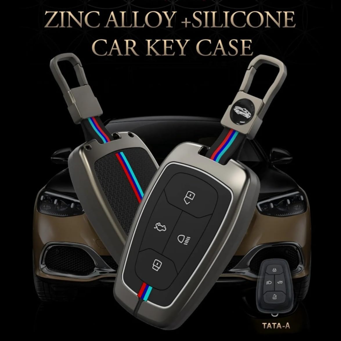 CARSUPPLYCO Metal Silicone Key Cover Compatible with Tata Nexon, Harrier, Safari, Altroz, Tigor, Tiago EV, Punch – 4 Button Smart Key – Black | Bonus Premium Car Freshener Included