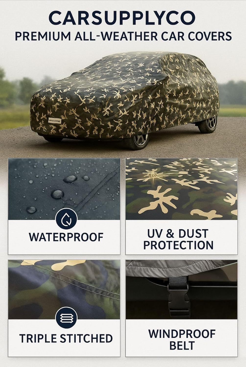 CARSUPPLYCO Waterproof Car Cover for Hyundai Exter – Camouflage Design | UV, Dust & Rain Protection | Triple Stitched | Windproof Belt & Mirror Pockets | All-Weather Outdoor Use