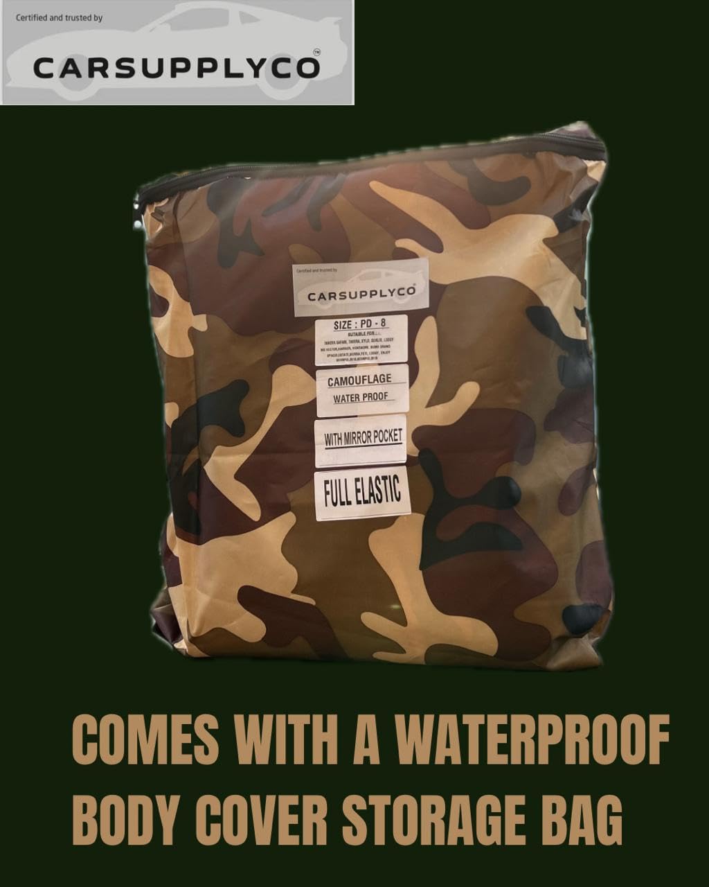 CARSUPPLYCO Waterproof Car Cover for Hyundai Exter – Camouflage Design | UV, Dust & Rain Protection | Triple Stitched | Windproof Belt & Mirror Pockets | All-Weather Outdoor Use