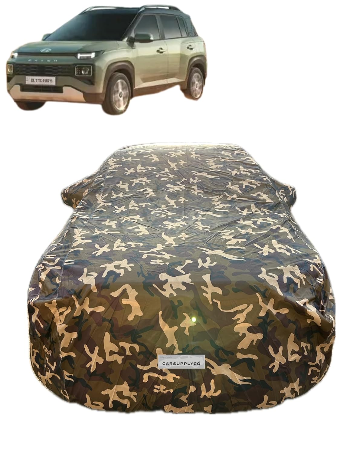 CARSUPPLYCO Waterproof Car Cover for Hyundai Exter – Camouflage Design | UV, Dust & Rain Protection | Triple Stitched | Windproof Belt & Mirror Pockets | All-Weather Outdoor Use