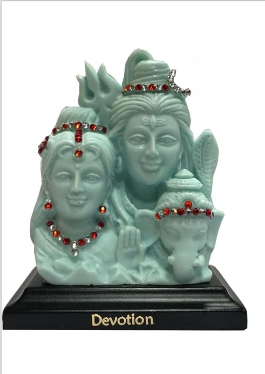 CARSUPPLYCO x Devotion Shiv Parivar Idol for Car Dashboard & Home | Matte Aqua Blue Polymarble Murti with Red Stone Work | Shiva Parvati Ganesh Statue