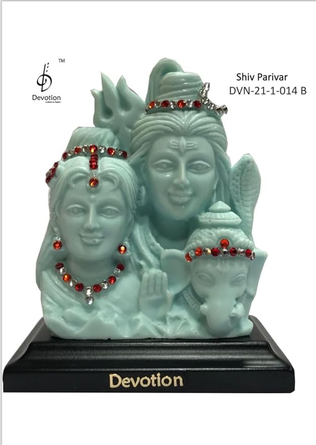 CARSUPPLYCO x Devotion Shiv Parivar Idol for Car Dashboard & Home | Matte Aqua Blue Polymarble Murti with Red Stone Work | Shiva Parvati Ganesh Statue