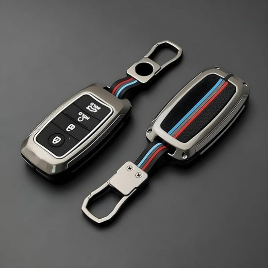 CARSUPPLYCO Luxury Metal Key Shell with Keychain | Full Protection Soft TPU Key Cover Compatible with Kia Seltos, Sonet, Carens (Push Start 4-Button Smart Key – Old Models) Bonus Car Freshner Included