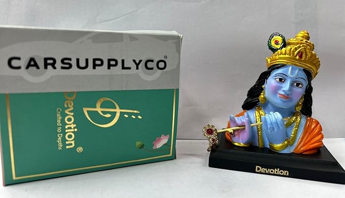 CARSUPPLYCO Lord Krishna Idol for Car Dashboard – “Devotion” Edition | Blue Flute Playing Murti with Decorative Crown (4 Inch)