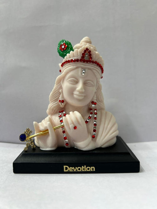 CARSUPPLYCO Devotion Series Lord Krishna Idol for Car Dashboard | White Polyresin Murti with Peacock Feather and Flute | Spiritual Gift & Home Décor