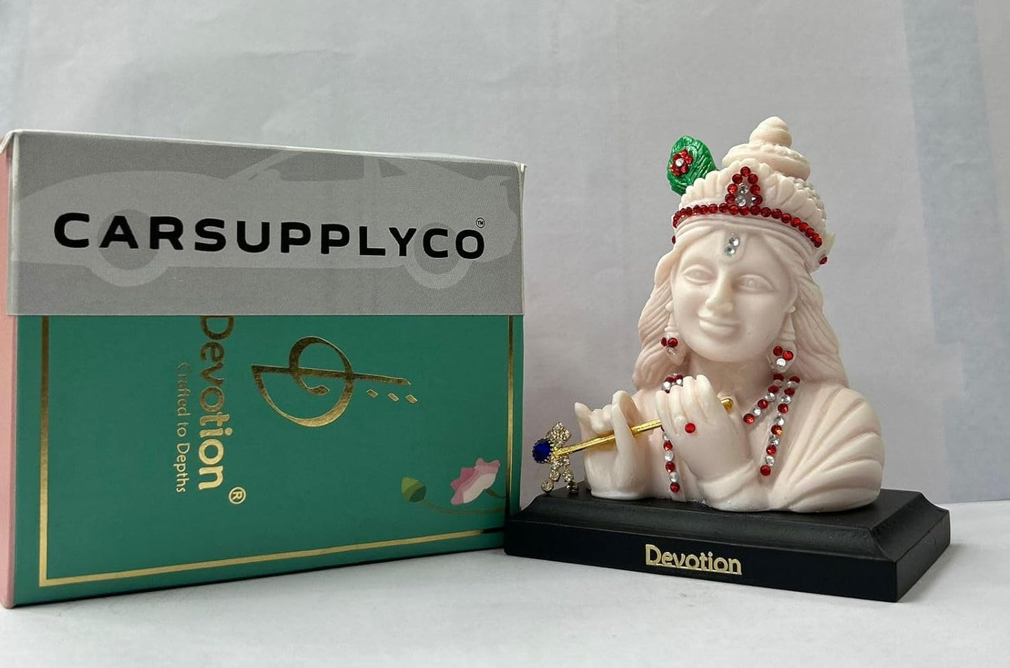 CARSUPPLYCO Devotion Series Lord Krishna Idol for Car Dashboard | White Polyresin Murti with Peacock Feather and Flute | Spiritual Gift & Home Décor